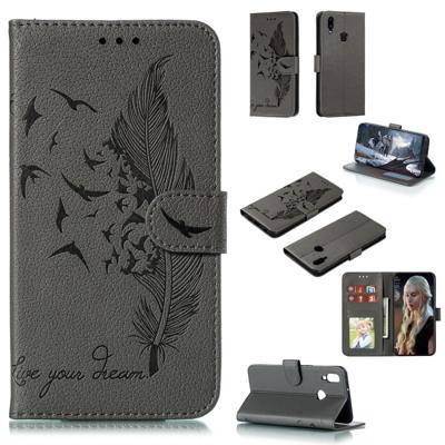 Voor Galaxy A10s Feather patroon Litchi textuur horizontale Flip lederen draagtas met houder & portemonnee & kaartsleuven (grijs)