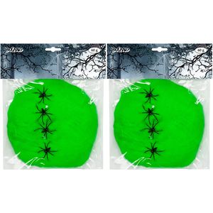 Decoratie spinnenweb/spinrag met spinnen - 2x - 60 gram - lichtgroen - Halloween/horror versiering