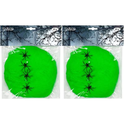 Decoratie spinnenweb/spinrag met spinnen - 2x - 60 gram - lichtgroen - Halloween/horror versiering