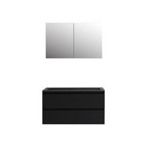 Badkamermeubel BWS Pepper Wastafel Acryl Mat Zwart Incl Spiegelkast 2 Deurs Zonder Kraangat 100x55x46 cm Mat Zwart