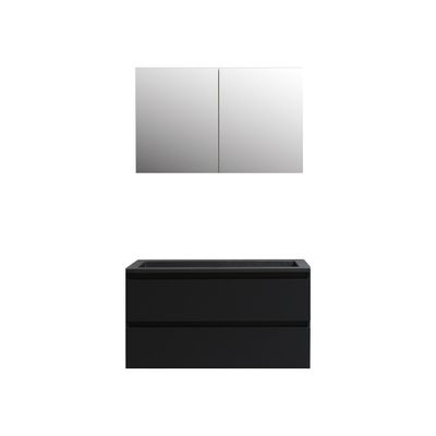 Badkamermeubel BWS Pepper Wastafel Acryl Mat Zwart Incl Spiegelkast 2 Deurs Zonder Kraangat 100x55x46 cm Mat Zwart