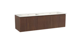 Storke Ribs zwevend badmeubel 170 x 52 cm notenhout met Mata dubbele wastafel in solid surface mat wit Verticale symmetrische rechte ribbel