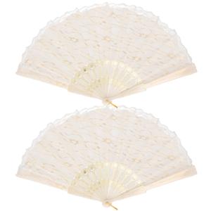 Handwaaier/Spaanse waaier van kant - 4x stuks - wit creme - polyester - 40 cm - decoratief