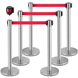 VEVOR Crowd Control Stanchion Barrières voor Menigtecontrole 90 cm Wachtrijlijn Touw 6-Delige Set Touw Barrière Stanchion Wachtrij Zilver/Rood