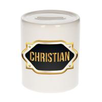 Spaarpot met voornaam Christian - wit - goud/zwart embleem - 8 x 9 cm - keramiek - afsluitdop