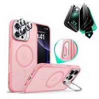 iPhone 16 Pro Classic Hybrid Magnetic Case (Camera Control, Stash Stand) & Privacy Screen Protector Bundle - Frosted Pink