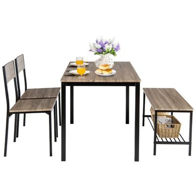 4-Delige Keukentafel en Stoelenset Industriële Tafelset met 2 Stoelen en 1 Bank Metalen Frame en Opbergrek Grijs