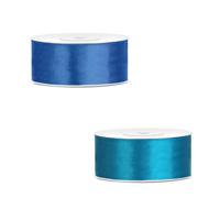 Bellatio decorations 2x rollen satijn cadeaulint/sierlint - 2.5 cm x 25 meter - 2 tinten blauw