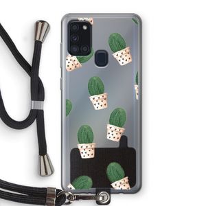 Cactusprint roze: Samsung Galaxy A21s Transparant Hoesje met koord