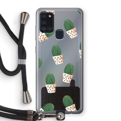 Cactusprint roze: Samsung Galaxy A21s Transparant Hoesje met koord