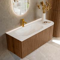 Mondiaz KURVE-DLUX 115 cm Onderkast Greeploos 1 Lade Met Deuren Walnut, Wastafel Solid Surface Links Ostra 1 Kraangat Zonder Spiegel (KRVBGS115R1L1D1KL-Wal/Ost)