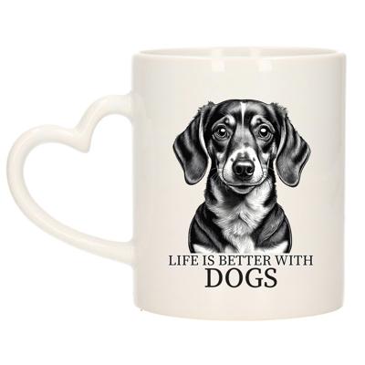 Cadeau mok voor honden liefhebbers - Tekkel - wit - hartjes oor - keramiek - 300 ml
