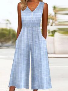 Vacation Striped V Neck Jumpsuit With No