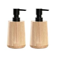 Items Zeeppompje/dispenser - 2x - bruin - bamboe hout - 8 x 16 cm - keuken/toilet/badkamer - lotion