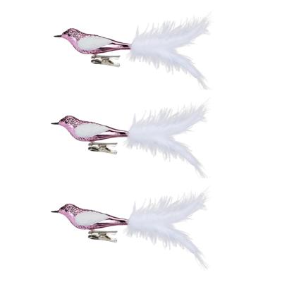 Inge Glas kerst decoratie vogels - 3x stuks - op clip - van glas - roze - 20 cm - kerstversiering