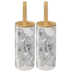 2x stuks WC-/toiletborstel met houder wit/zwart met hibiscus bloemen patroon zandsteen/bamboe 38 cm