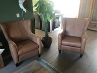 Set van 2 leren oorfauteuils met houten poten - bruin leer - Echt leer, Landelijk, ontdek de vele Leersoorten en Kleuren bij ShopX
