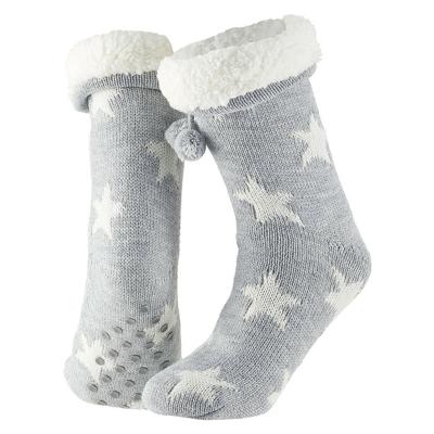 Apollo Dames huissokken/slofsokken - grijs/wit - sterren - maat 36-41 - Anti-slip