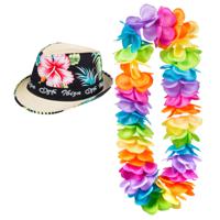 Hawaii thema party verkleedset - Trilby strohoedje - bloemenkrans kleurenmix - Tropical toppers - thumbnail