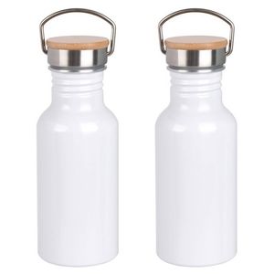 2x Stuks aluminium waterfles/drinkfles wit met bamboe schroefdop 550 ml - Drinkflessen