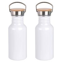 2x Stuks aluminium waterfles/drinkfles wit met bamboe schroefdop 550 ml - Drinkflessen - thumbnail