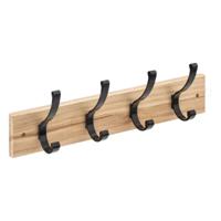 Kapstok rek voor wand/muur - lichtbruin/zwart - 4x ophanghaken - MDF/metaal - 42 x 8 cm