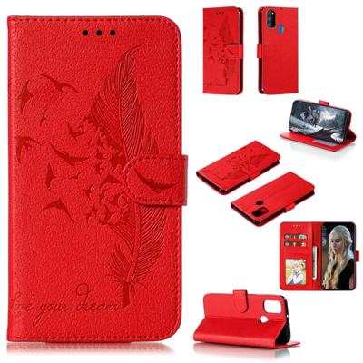 Voor Galaxy M30s Feather patroon Litchi textuur horizontale Flip lederen draagtas met houder & portemonnee & kaartsleuven (rood)