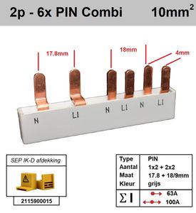 SEP Verdeelkam fase nul voor 1 aardlekschakelaar 2 modules en 2 automaten 1 module pin 2x18mm