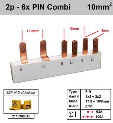 SEP Verdeelkam fase nul voor 1 aardlekschakelaar 2 modules en 2 automaten 1 module pin 2x18mm