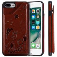 Voor iPhone 8 plus/7 plus Kat Bee reliëf patroon schokbestendige beschermende case met kaartsleuven & fotolijstjes (bruin)