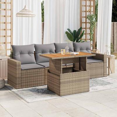 5-delige Loungeset met kussens poly rattan beige