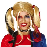Halloween verkleedpruik lang haar met staartjes - zwart/blond/rood - dames - thumbnail