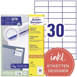 Avery-Zweckform 3489 Universele etiketten 70 x 29.7 mm Papier Wit 3000 stuk(s) Permanent hechtend Laser (kleur), Laser (zwart/wit)