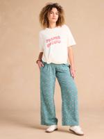 Ruime zwangerschapsbroek van katoenen gaas met ENVIE DE FRAISE print en band groen