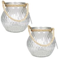 Set van 2x stuks glazen ronde windlichten Crystal 2,5 liter met touw hengsel/handvat 16 x 14,5 cm - thumbnail