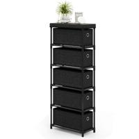 Smalle Commode met 5 Lades & Metalen Frame & Houten Blad Opbergtoren Kledingorganizer Zwart