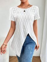 Women's Short Sleeve Shirt Summer White Plain Lace Edge Crew Neck Daily Casual Top - thumbnail