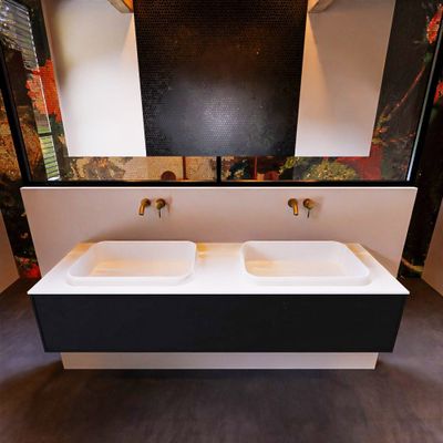 Badkamermeubelset Mondiaz Erin 150 cm met 1 Lade met RIDGE Wastafel Dubbel Talc Zonder Kraangaten Greeploos Mat Urban
