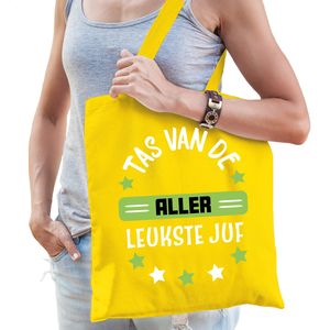 Cadeau tas voor juf - geel/groen - katoen - 42 x 38 cm - Tas van de aller leukste juf