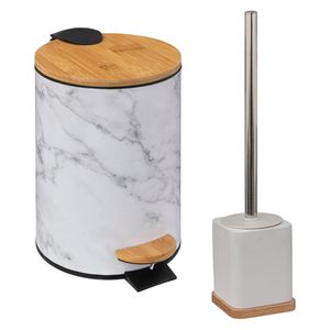 Badkamer/toilet accessoires set - WC-borstel in houder en prullenbak - wit - bamboe - 3 liter