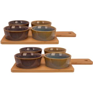 Set van 2x stuks serveerplanken bamboe 31 x 22 cm met 8x luxe hapjes/saus/tapas schaaltjes