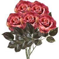 Kunstbloem roos Pascal - 5x - roze/oranje - 65 cm - decoratie bloemen