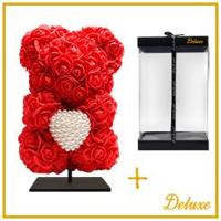 Beer DELUXE op standaard 25cm - rood foam met diamanten hart - in luxe cadeauverpakking 25 cm