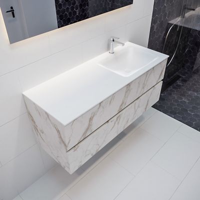 Mondiaz Vica Cloud badmeubel wit carrara mat 120 cm 2 lades solid surface enkele spoelbak rechts 1 kraangat