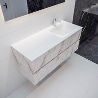 Mondiaz Vica Cloud badmeubel wit carrara mat 120 cm 2 lades solid surface enkele spoelbak rechts 1 kraangat