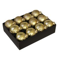 12x Glazen gedecoreerde gouden kerstballen 7,5 cm - thumbnail