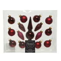 Donkerrode glazen kerstballen 3 cm en piek set voor mini kerstboom 15-dlg   -