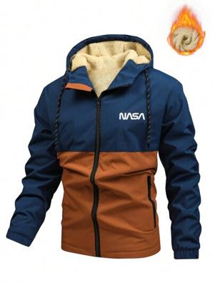 Bon&Bon Men's Color Block Letter Print Hooded Fleece Jacket - Black Blue / M