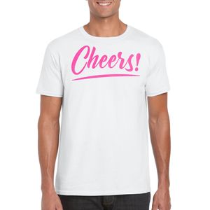 Bellatio Decorations Verkleed T-shirt voor heren - cheers - wit - roze glitter - carnaval 2XL  -