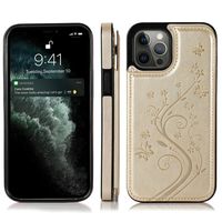 iPhone 14 hoesje - Backcover - Pasjeshouder - Portemonnee - Bloemenprint - Kunstleer - Goud
